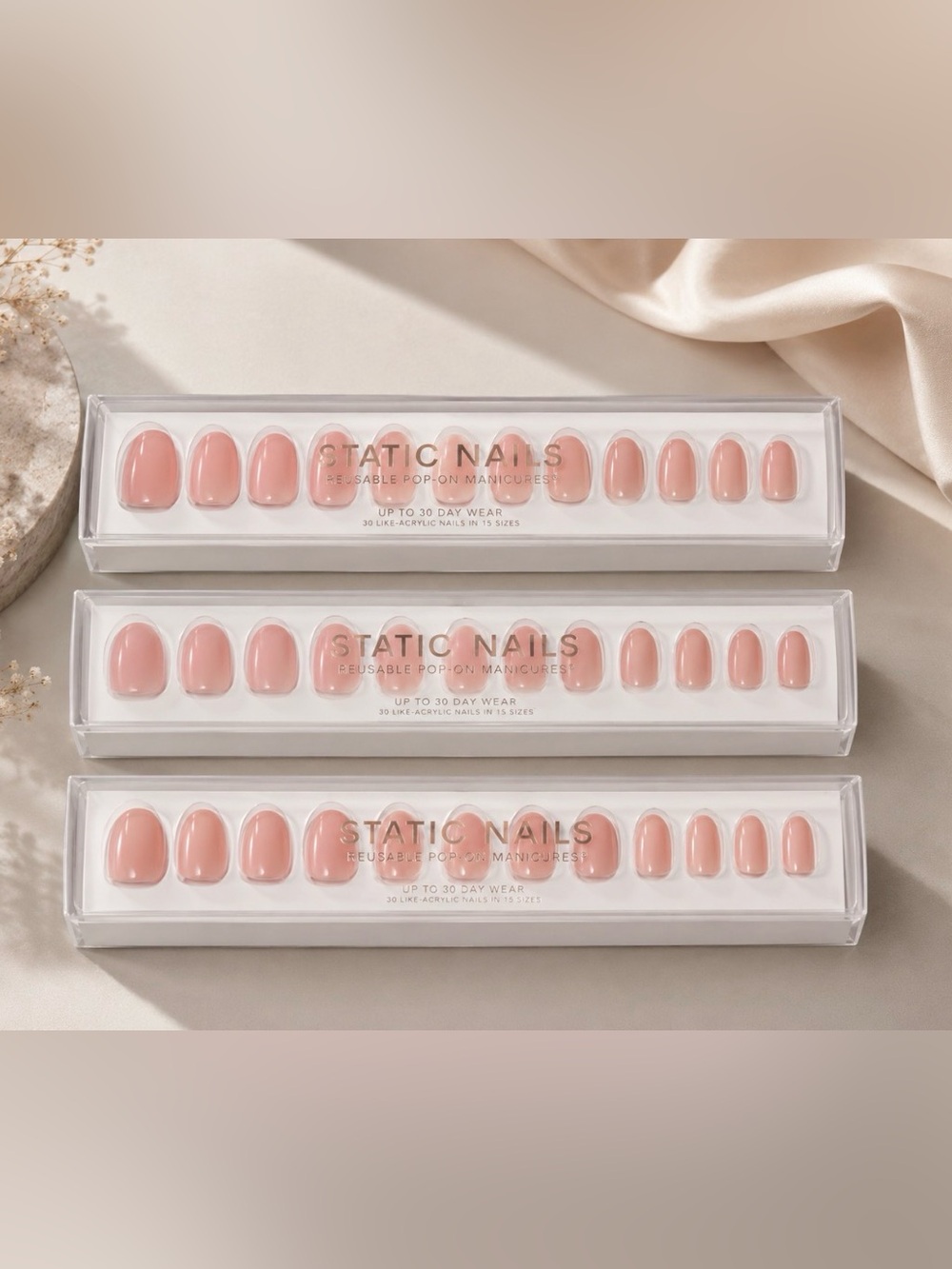 3 Sets of Reusable Press-On Nails in Nude Pink (Jet Setter)